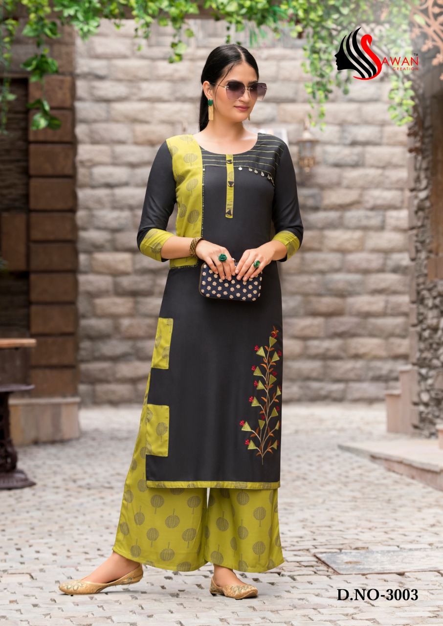 Dani Vol-3 By Sawan Creation 3001 To 3008 Series Stylish Fancy Beautiful Colorful Casual Wear & Ethnic Wear Heavy Rayon With Embroidered Kurtis And Bottom At Wholesale Price