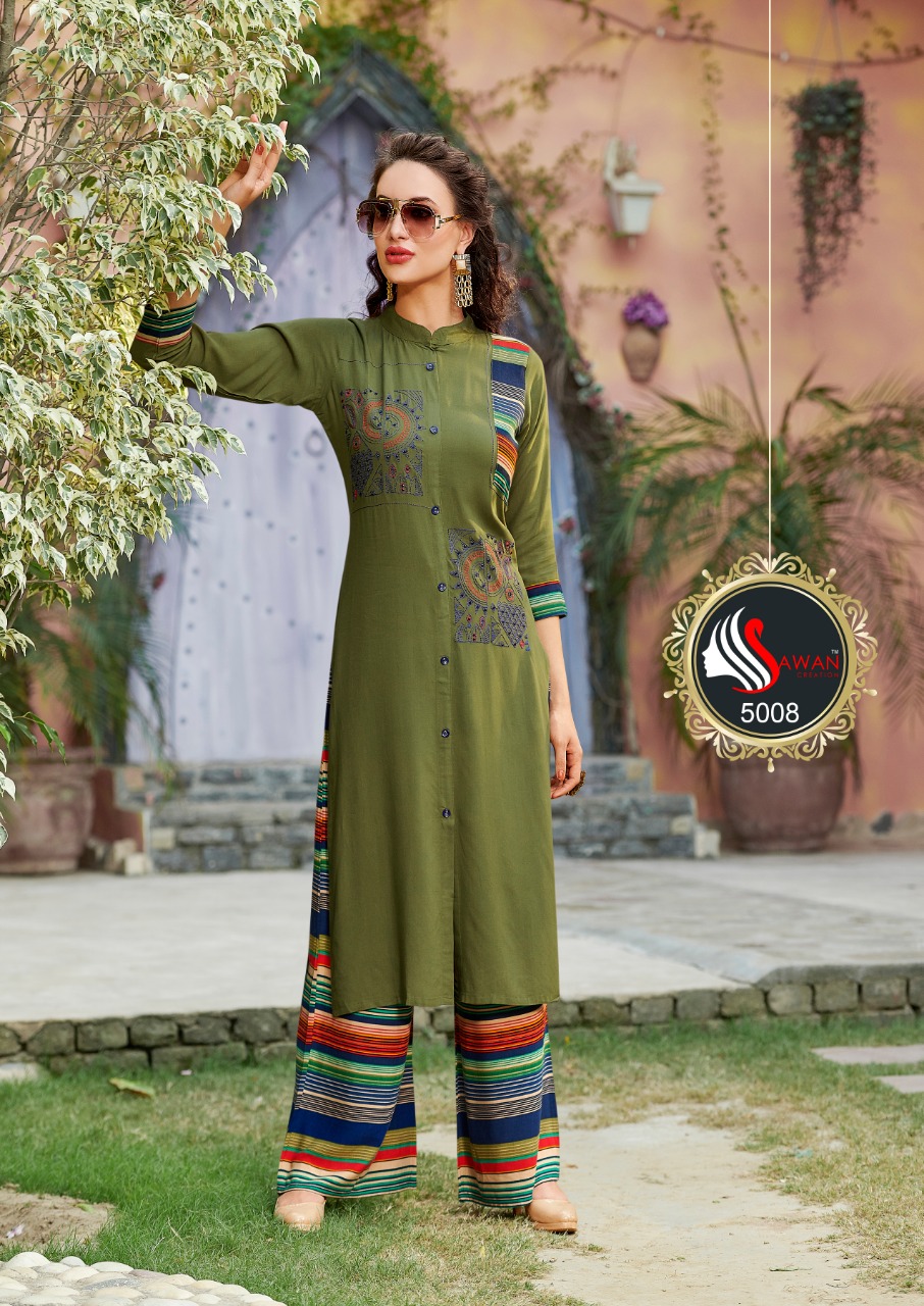 Dani Vol-5 By Sawan Creation 5001 To 5008 Series Stylish Fancy Beautiful Colorful Casual Wear & Ethnic Wear Rayon / Milange With Embroidery Kurtis At Wholesale Price