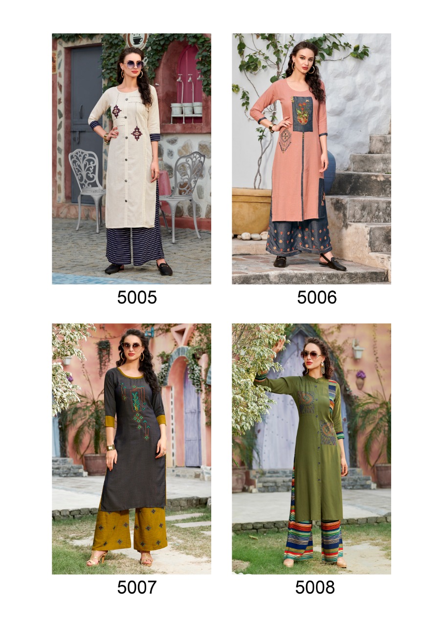 Dani Vol-5 By Sawan Creation 5001 To 5008 Series Stylish Fancy Beautiful Colorful Casual Wear & Ethnic Wear Rayon / Milange With Embroidery Kurtis At Wholesale Price