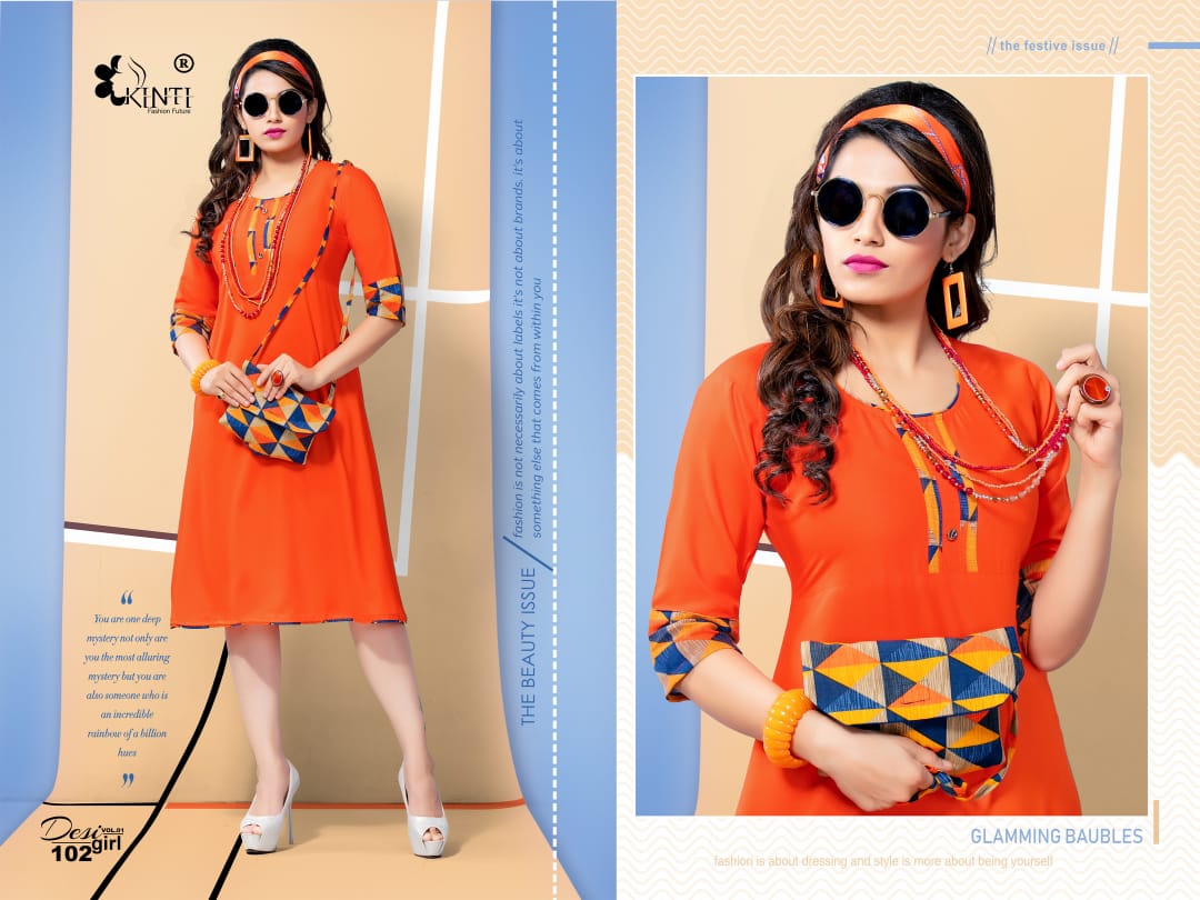 Desi Girl Vol-1 By Kinti 101 To 112 Series Indian Traditional Wear Collection Beautiful Stylish Fancy Colorful Party Wear & Occasional Wear Rayon Print Kurtis With Purse At Wholesale Price