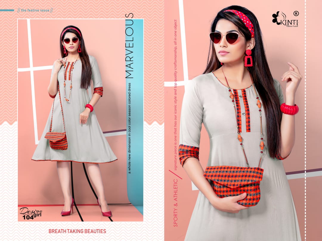 Desi Girl Vol-1 By Kinti 101 To 112 Series Indian Traditional Wear Collection Beautiful Stylish Fancy Colorful Party Wear & Occasional Wear Rayon Print Kurtis With Purse At Wholesale Price