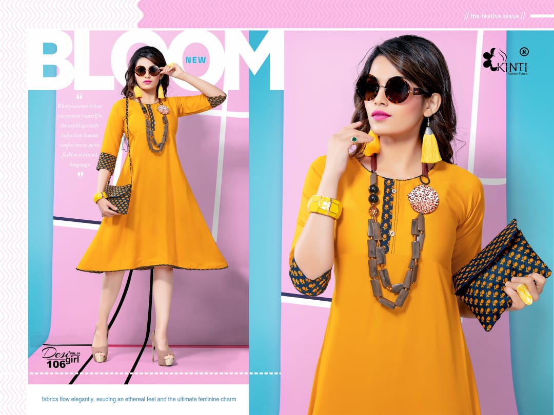 Desi Girl Vol-1 By Kinti 101 To 112 Series Indian Traditional Wear Collection Beautiful Stylish Fancy Colorful Party Wear & Occasional Wear Rayon Print Kurtis With Purse At Wholesale Price