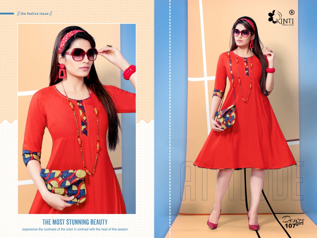 Desi Girl Vol-1 By Kinti 101 To 112 Series Indian Traditional Wear Collection Beautiful Stylish Fancy Colorful Party Wear & Occasional Wear Rayon Print Kurtis With Purse At Wholesale Price