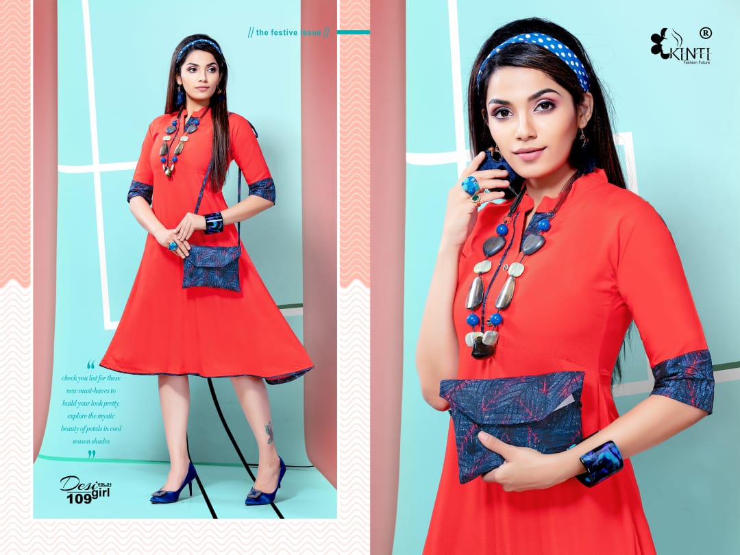 Desi Girl Vol-1 By Kinti 101 To 112 Series Indian Traditional Wear Collection Beautiful Stylish Fancy Colorful Party Wear & Occasional Wear Rayon Print Kurtis With Purse At Wholesale Price