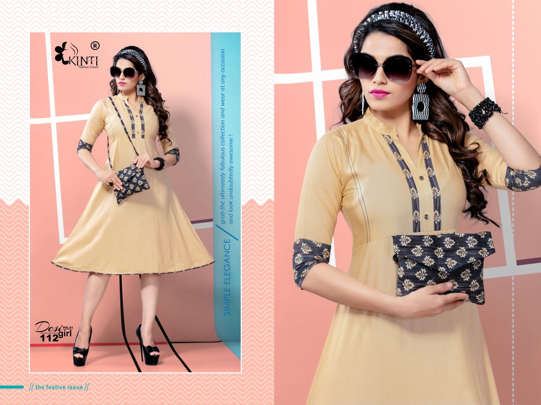 Desi Girl Vol-1 By Kinti 101 To 112 Series Indian Traditional Wear Collection Beautiful Stylish Fancy Colorful Party Wear & Occasional Wear Rayon Print Kurtis With Purse At Wholesale Price