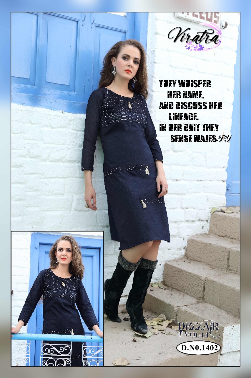 Dezzair Vol-14 By Viratra Tex 1401 To 1408 Series Stylish Colorful Fancy Beautiful Casual Wear & Ethnic Wear Collection Denim Kurtis At Wholesale Price
