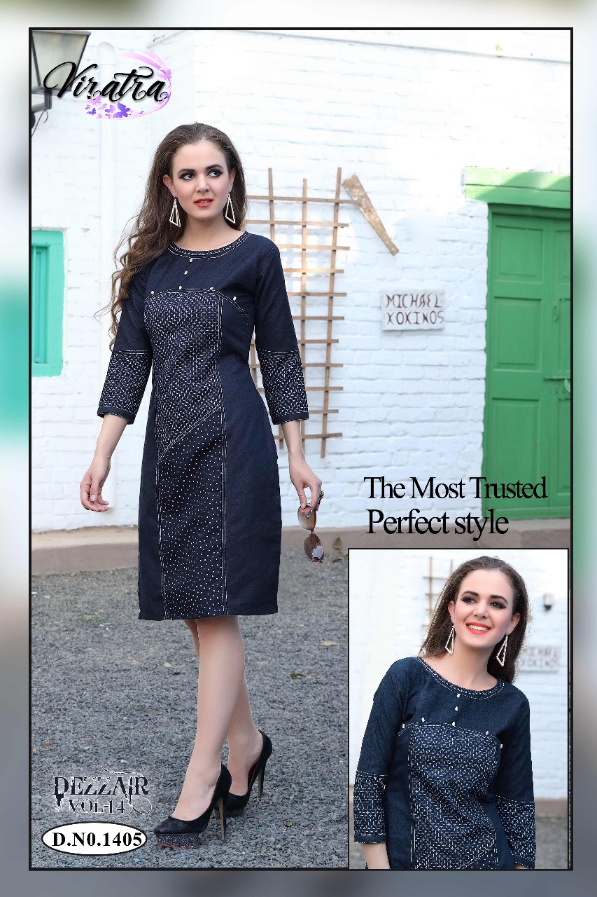 Dezzair Vol-14 By Viratra Tex 1401 To 1408 Series Stylish Colorful Fancy Beautiful Casual Wear & Ethnic Wear Collection Denim Kurtis At Wholesale Price
