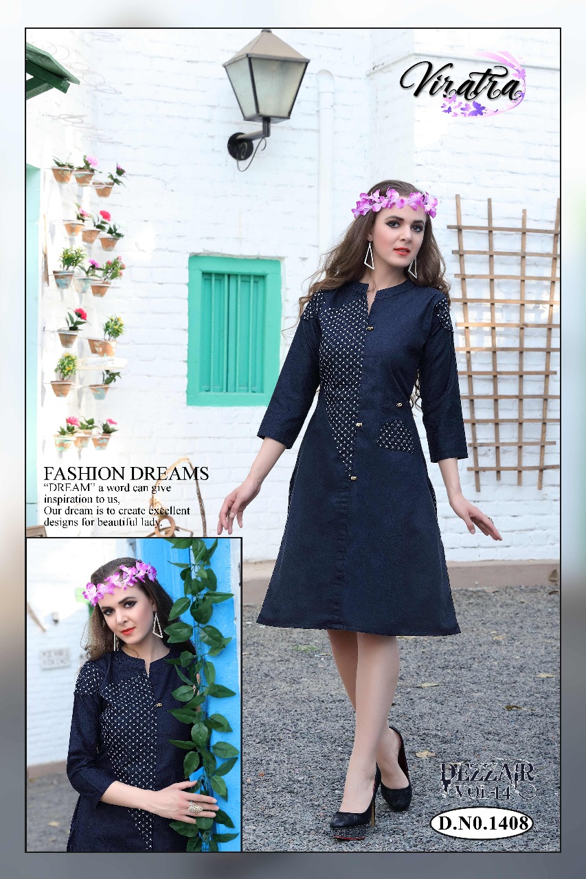 Dezzair Vol-14 By Viratra Tex 1401 To 1408 Series Stylish Colorful Fancy Beautiful Casual Wear & Ethnic Wear Collection Denim Kurtis At Wholesale Price