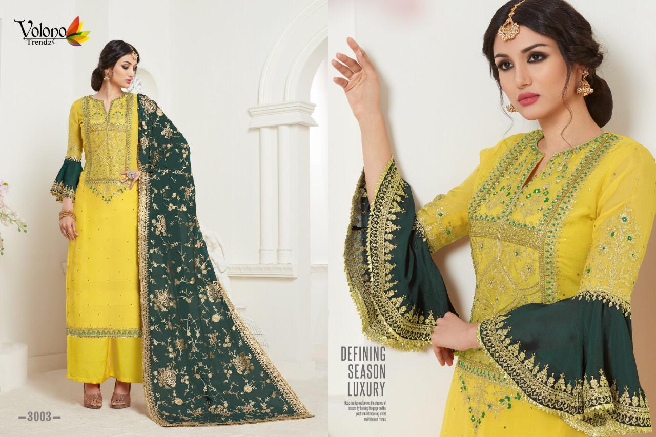 Dulhan Vol-3 By Volono Trendz 3001 To 3004 Series Designer Sharara Suits Collection Beautiful Stylish Colorful Fancy Party Wear & Occasional Wear Satin Georgette Dresses At Wholesale Price