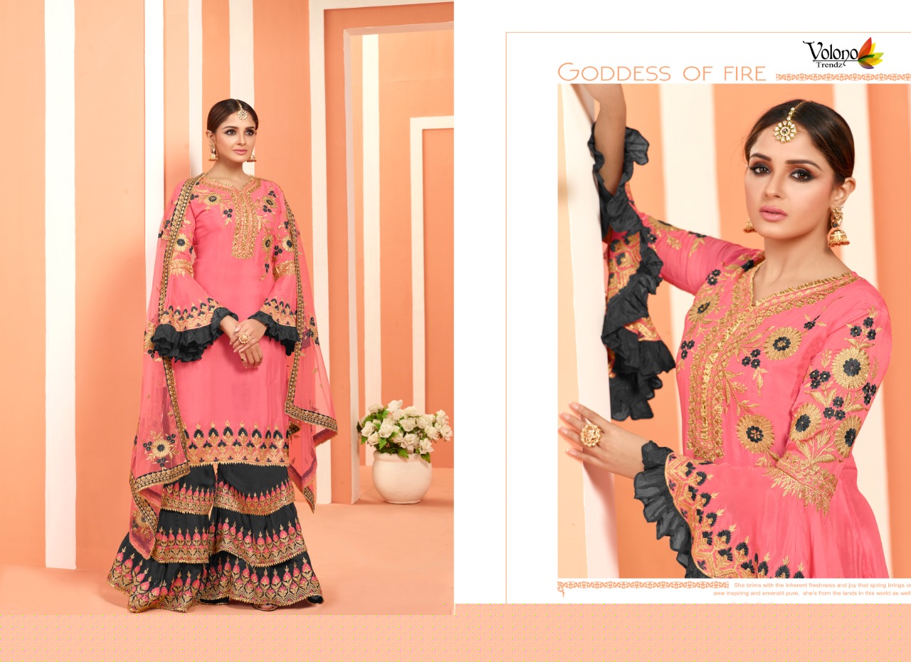 Dulhan Vol-4 By Volono Trendz 4001 To 4006 Series Designer Sharara Suits Beautiful Stylish Fancy Colorful Party Wear & Ethnic Wear Faux Georgette Digital Print With Embroidery Work Dresses At Wholesale Price