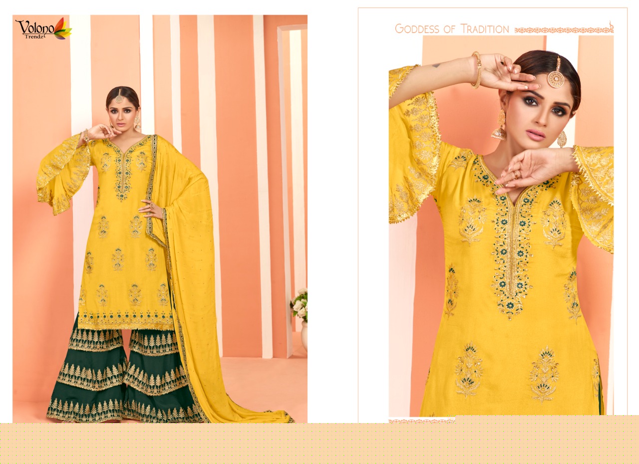 Dulhan Vol-4 By Volono Trendz 4001 To 4006 Series Designer Sharara Suits Beautiful Stylish Fancy Colorful Party Wear & Ethnic Wear Faux Georgette Digital Print With Embroidery Work Dresses At Wholesale Price
