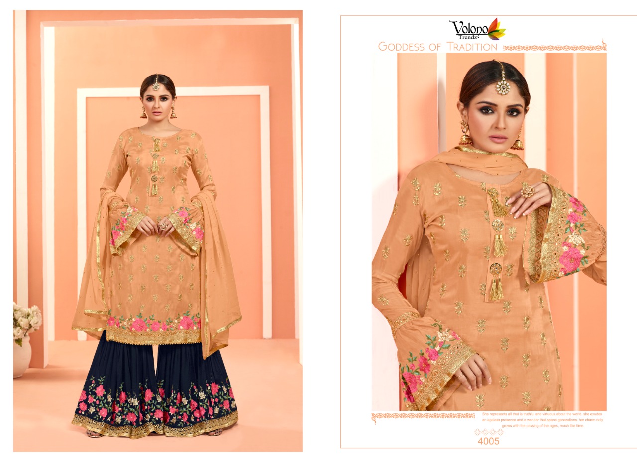 Dulhan Vol-4 By Volono Trendz 4001 To 4006 Series Designer Sharara Suits Beautiful Stylish Fancy Colorful Party Wear & Ethnic Wear Faux Georgette Digital Print With Embroidery Work Dresses At Wholesale Price