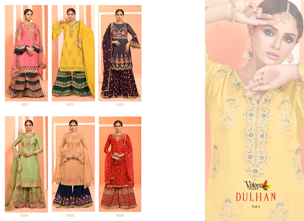 Dulhan Vol-4 By Volono Trendz 4001 To 4006 Series Designer Sharara Suits Beautiful Stylish Fancy Colorful Party Wear & Ethnic Wear Faux Georgette Digital Print With Embroidery Work Dresses At Wholesale Price