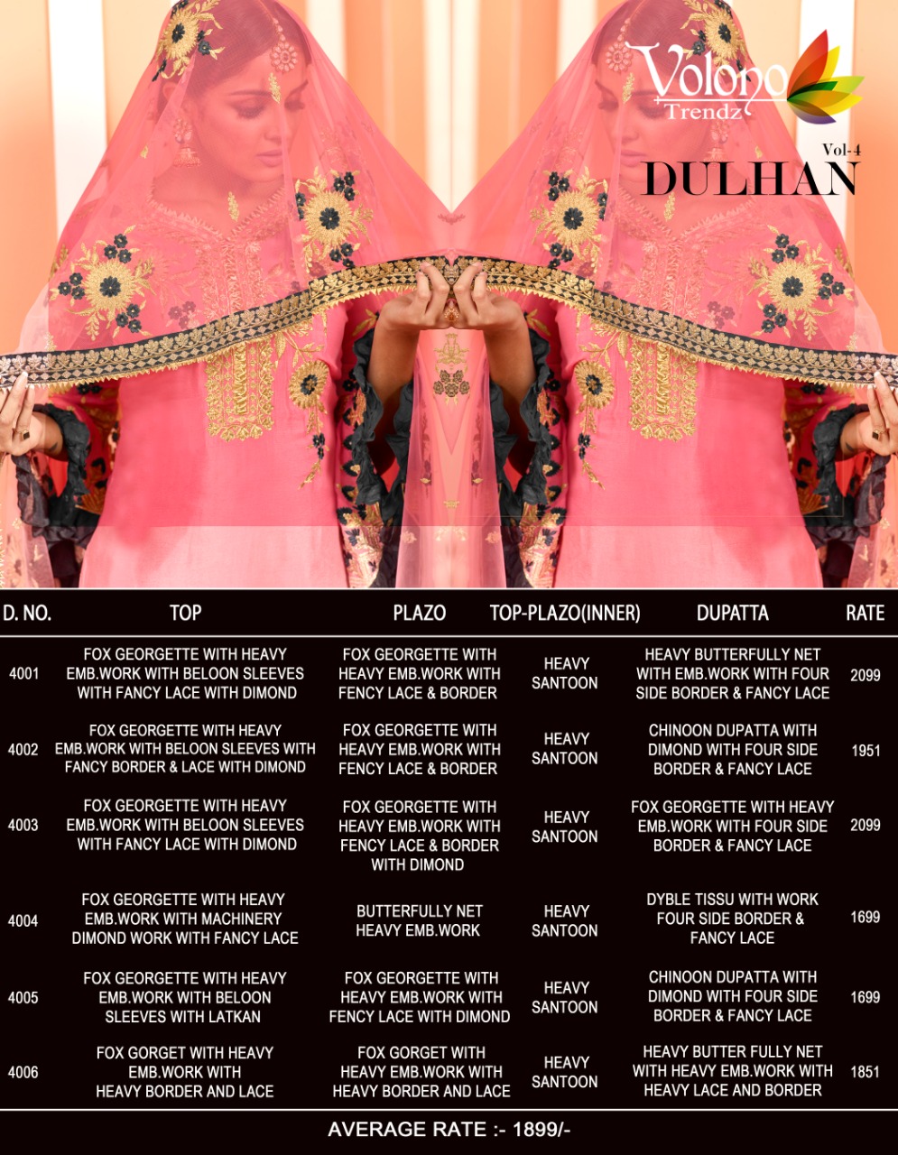 Dulhan Vol-4 By Volono Trendz 4001 To 4006 Series Designer Sharara Suits Beautiful Stylish Fancy Colorful Party Wear & Ethnic Wear Faux Georgette Digital Print With Embroidery Work Dresses At Wholesale Price