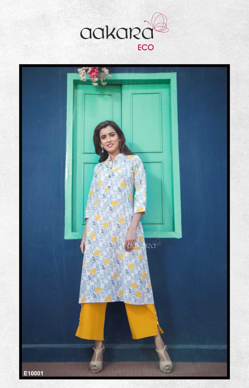 Eco Vol-10 By Aakara 10001 To 10006 Series Designer Beautiful Stylish Colorful Fancy Ready To Wear & Casual Wear & Ethnic Wear Cotton Flex Kurti With Solid Parallel Palazzo Kurtis At Wholesale Price