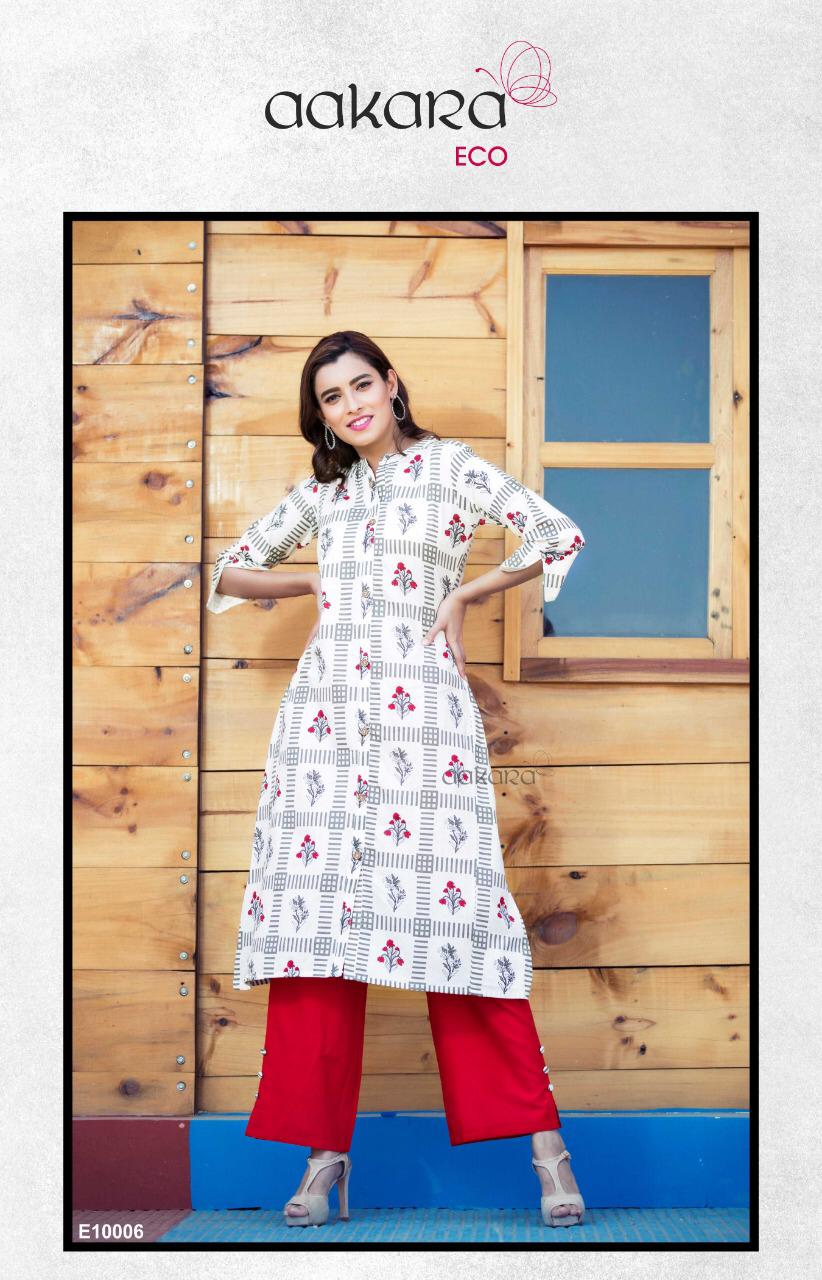 Eco Vol-10 By Aakara 10001 To 10006 Series Designer Beautiful Stylish Colorful Fancy Ready To Wear & Casual Wear & Ethnic Wear Cotton Flex Kurti With Solid Parallel Palazzo Kurtis At Wholesale Price