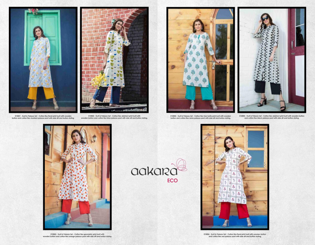 Eco Vol-10 By Aakara 10001 To 10006 Series Designer Beautiful Stylish Colorful Fancy Ready To Wear & Casual Wear & Ethnic Wear Cotton Flex Kurti With Solid Parallel Palazzo Kurtis At Wholesale Price