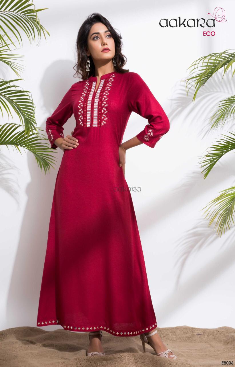 Eco Vol-8 By Aakara 8001 To 8006 Series Beautiful Colorful Stylish Fancy Casual Wear & Ethnic Wear & Ready To Wear Rayon Dobby Kurtis At Wholesale Price
