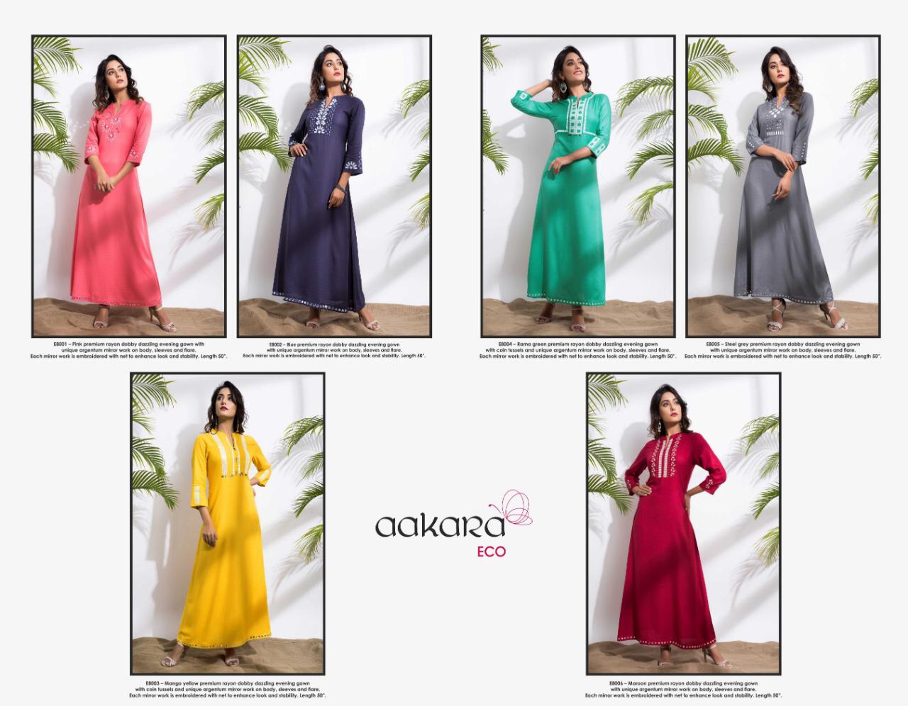 Eco Vol-8 By Aakara 8001 To 8006 Series Beautiful Colorful Stylish Fancy Casual Wear & Ethnic Wear & Ready To Wear Rayon Dobby Kurtis At Wholesale Price