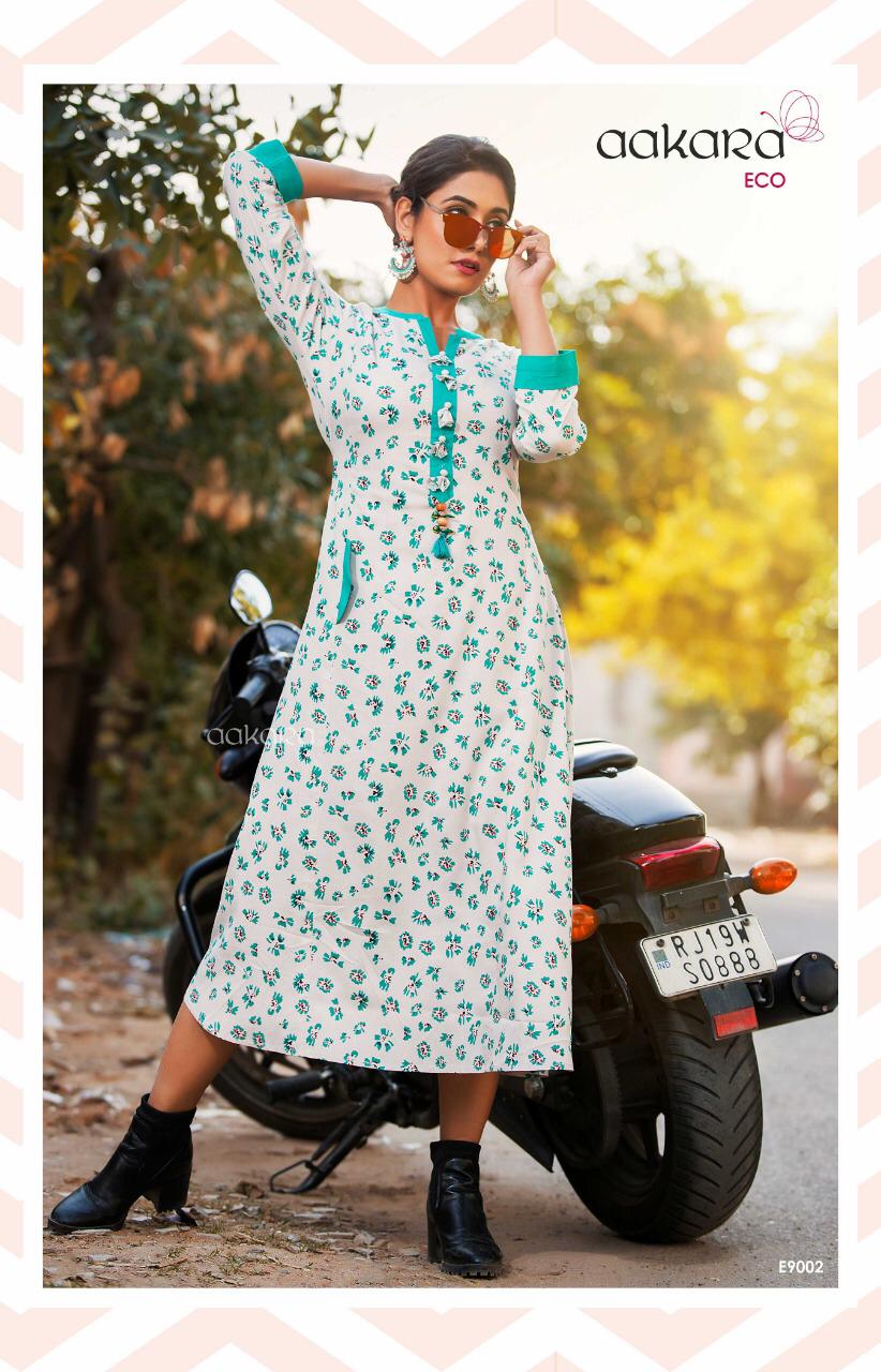 Eco Vol-9 By Aakara 9001 To 9006 Series Beautiful Colorful Stylish Fancy Casual Wear & Ethnic Wear & Ready To Wear Rayon Printed Kurtis At Wholesale Price