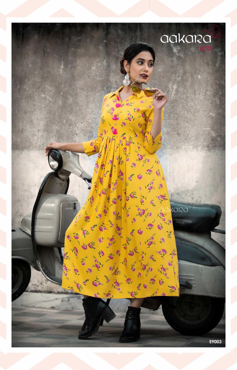 Eco Vol-9 By Aakara 9001 To 9006 Series Beautiful Colorful Stylish Fancy Casual Wear & Ethnic Wear & Ready To Wear Rayon Printed Kurtis At Wholesale Price