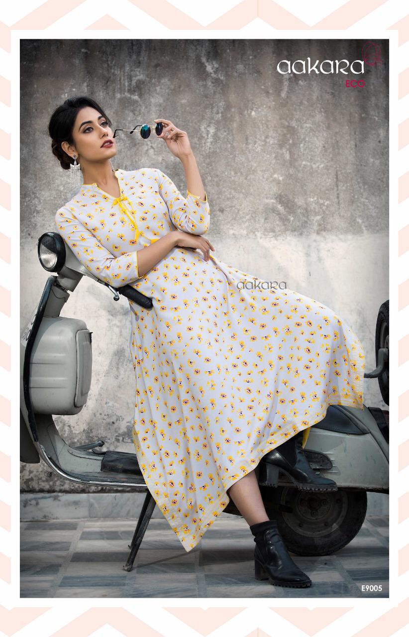 Eco Vol-9 By Aakara 9001 To 9006 Series Beautiful Colorful Stylish Fancy Casual Wear & Ethnic Wear & Ready To Wear Rayon Printed Kurtis At Wholesale Price