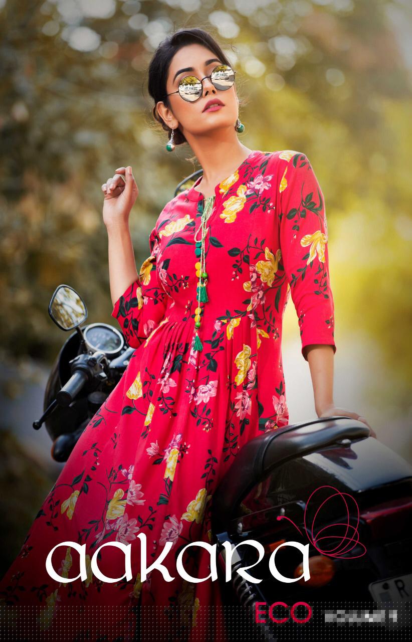 Eco Vol-9 By Aakara 9001 To 9006 Series Beautiful Colorful Stylish Fancy Casual Wear & Ethnic Wear & Ready To Wear Rayon Printed Kurtis At Wholesale Price
