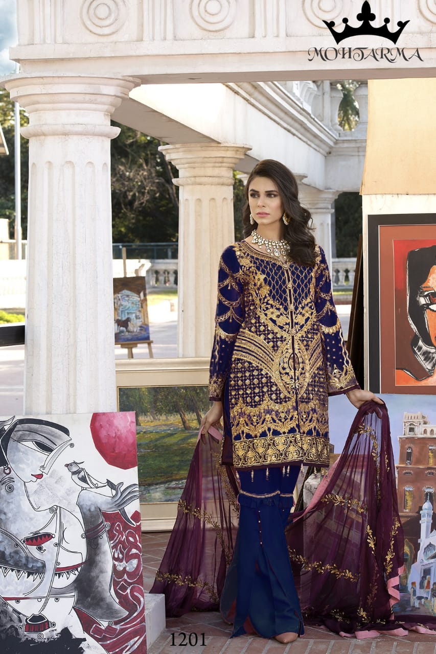 Eid By Mohtarma Fabrics 1201 To 1204 Series Designer Pakistani Suits Beautiful Fancy Stylish Colorful Party Wear & Occasional Wear Faux Georgette With Heavy Embroidery Dresses At Wholesale Price