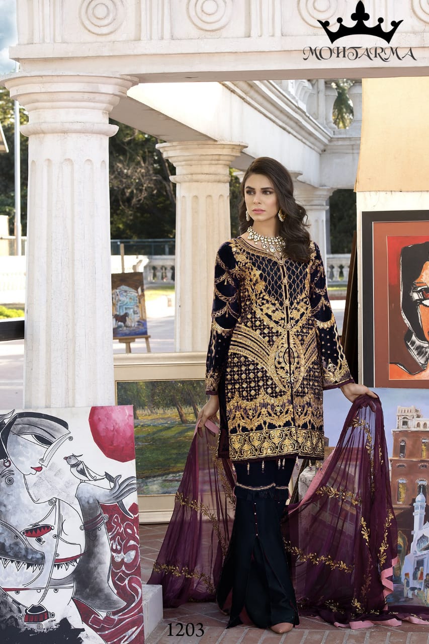 Eid By Mohtarma Fabrics 1201 To 1204 Series Designer Pakistani Suits Beautiful Fancy Stylish Colorful Party Wear & Occasional Wear Faux Georgette With Heavy Embroidery Dresses At Wholesale Price