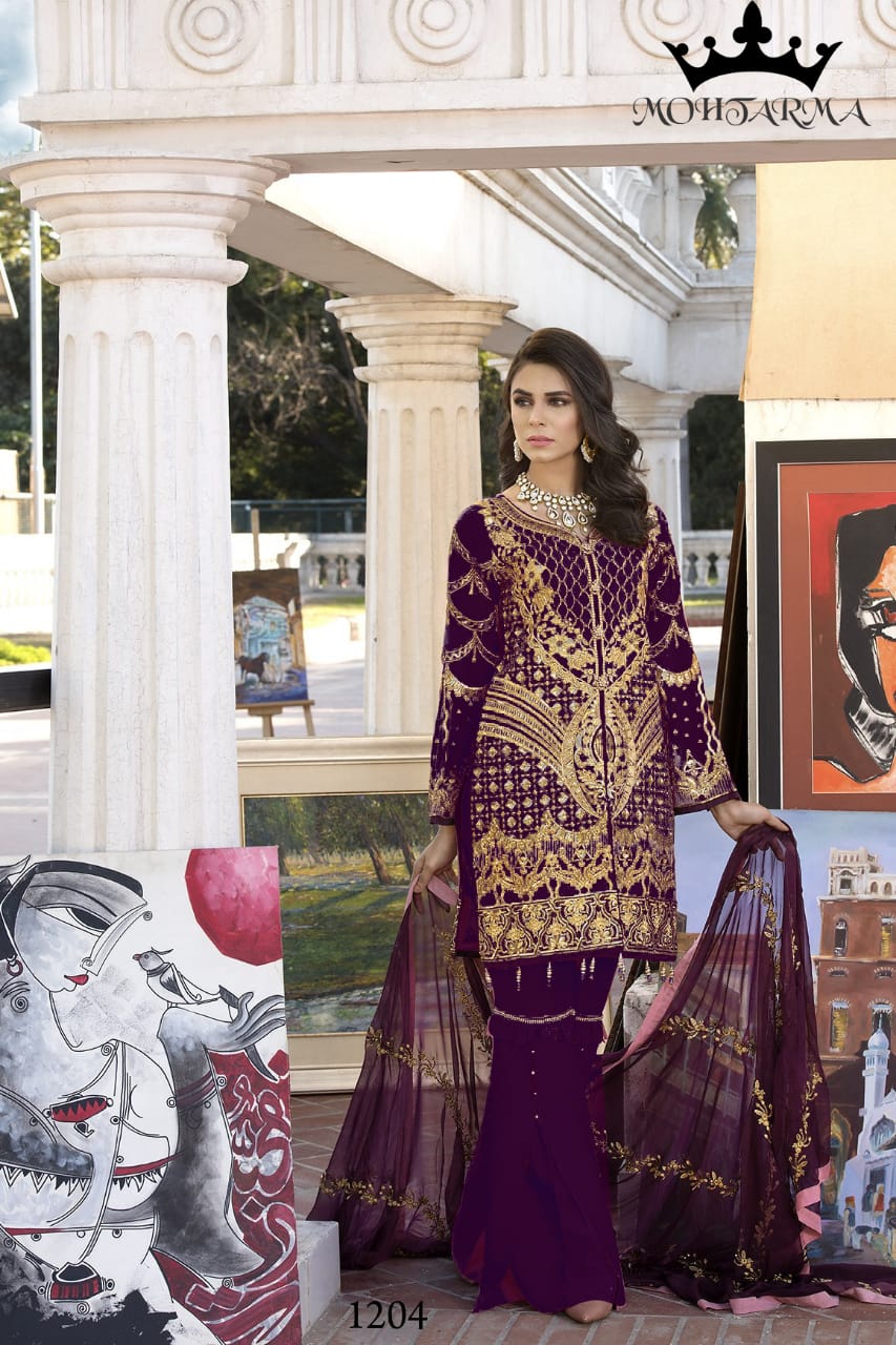 Eid By Mohtarma Fabrics 1201 To 1204 Series Designer Pakistani Suits Beautiful Fancy Stylish Colorful Party Wear & Occasional Wear Faux Georgette With Heavy Embroidery Dresses At Wholesale Price