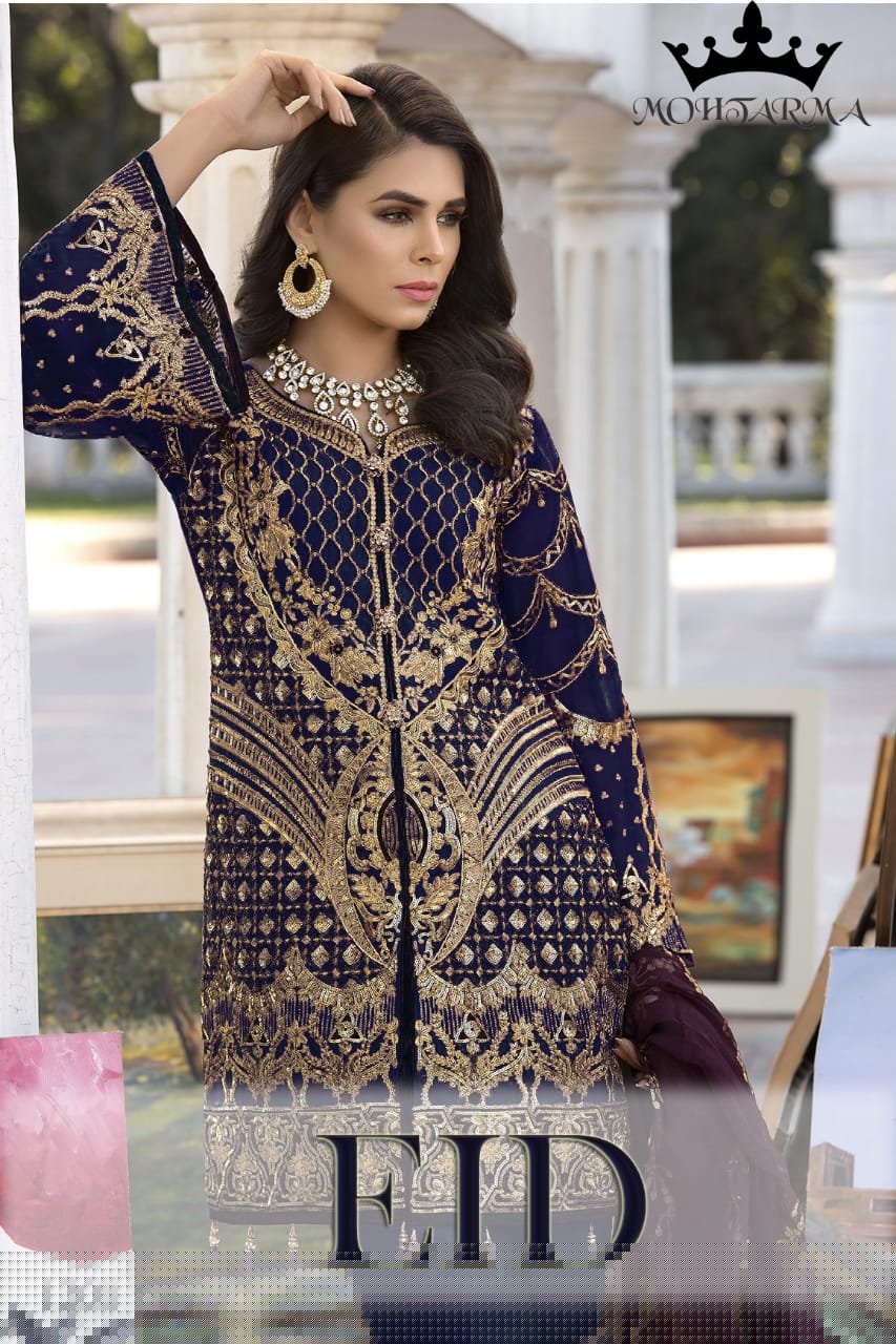 Eid By Mohtarma Fabrics 1201 To 1204 Series Designer Pakistani Suits Beautiful Fancy Stylish Colorful Party Wear & Occasional Wear Faux Georgette With Heavy Embroidery Dresses At Wholesale Price