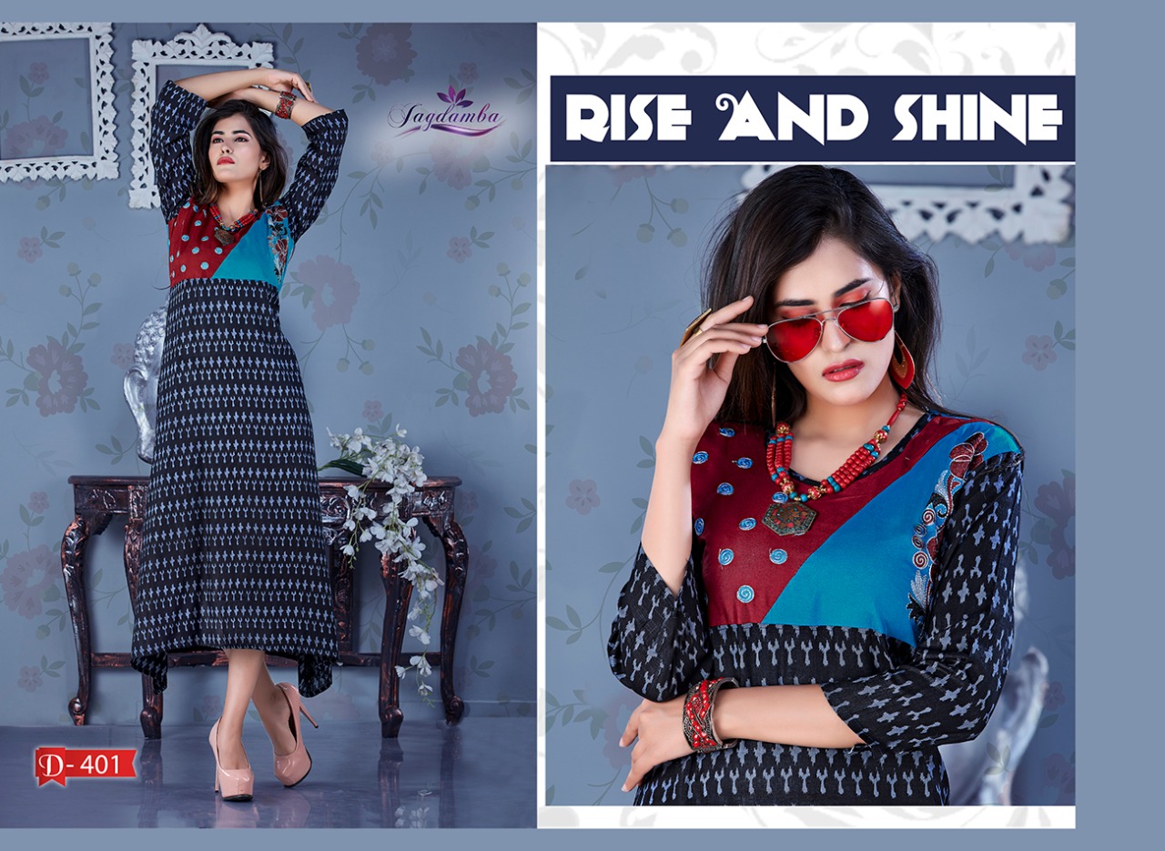 Ekit By Jagdamba 401 To 408 Series Beautiful Stylish Fancy Colorful Casual Wear & Ethnic Wear & Ready To Wear Heavy Rayon Printed Kurtis At Wholesale Price