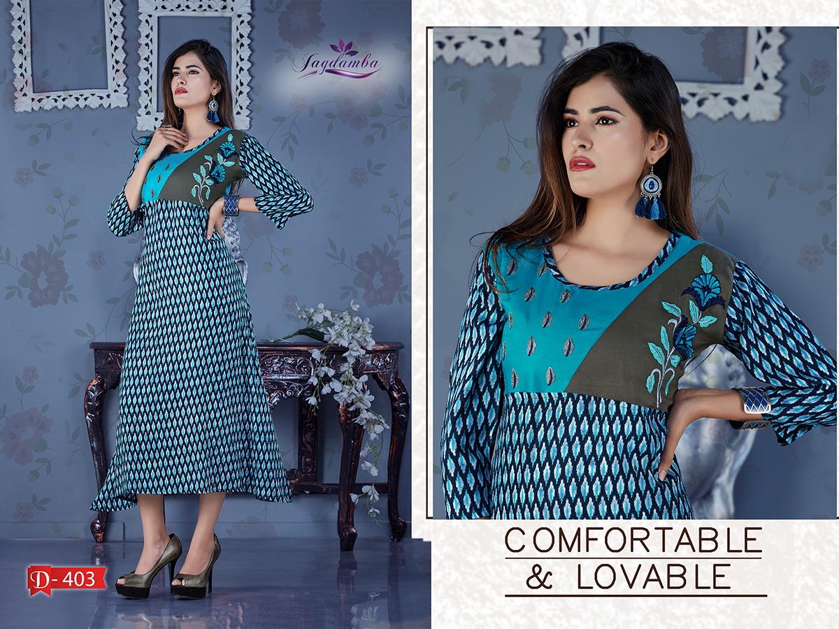 Ekit By Jagdamba 401 To 408 Series Beautiful Stylish Fancy Colorful Casual Wear & Ethnic Wear & Ready To Wear Heavy Rayon Printed Kurtis At Wholesale Price