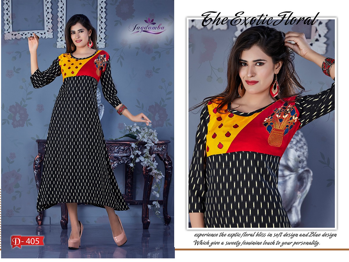 Ekit By Jagdamba 401 To 408 Series Beautiful Stylish Fancy Colorful Casual Wear & Ethnic Wear & Ready To Wear Heavy Rayon Printed Kurtis At Wholesale Price