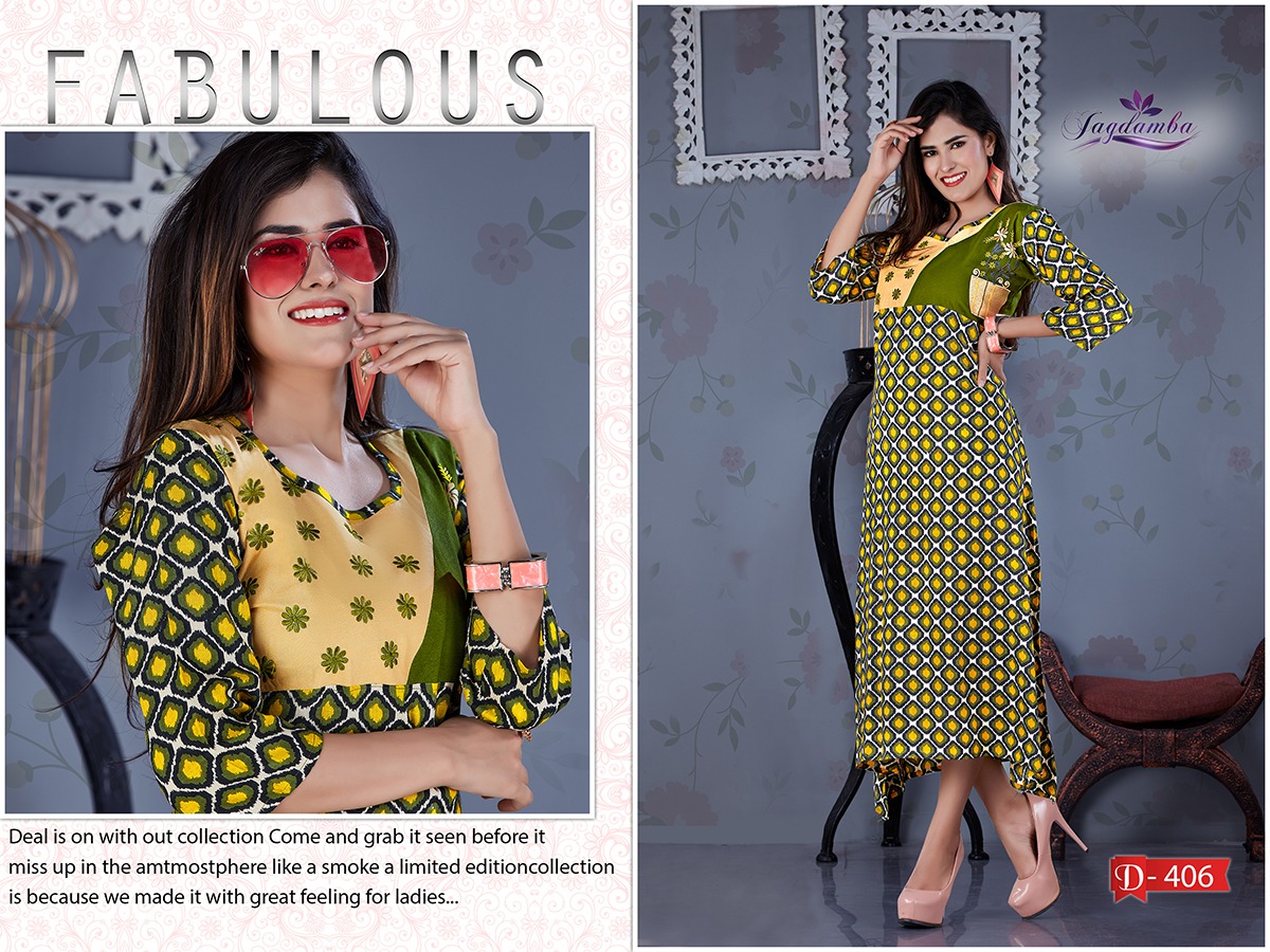 Ekit By Jagdamba 401 To 408 Series Beautiful Stylish Fancy Colorful Casual Wear & Ethnic Wear & Ready To Wear Heavy Rayon Printed Kurtis At Wholesale Price