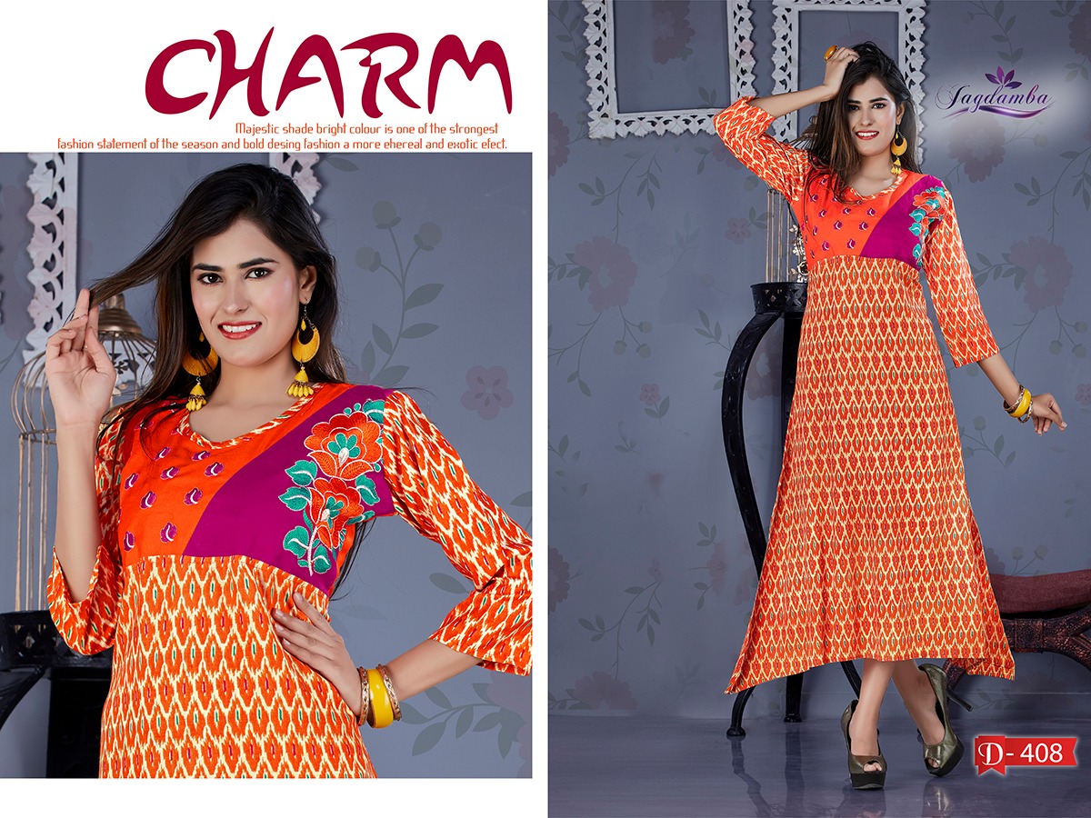 Ekit By Jagdamba 401 To 408 Series Beautiful Stylish Fancy Colorful Casual Wear & Ethnic Wear & Ready To Wear Heavy Rayon Printed Kurtis At Wholesale Price