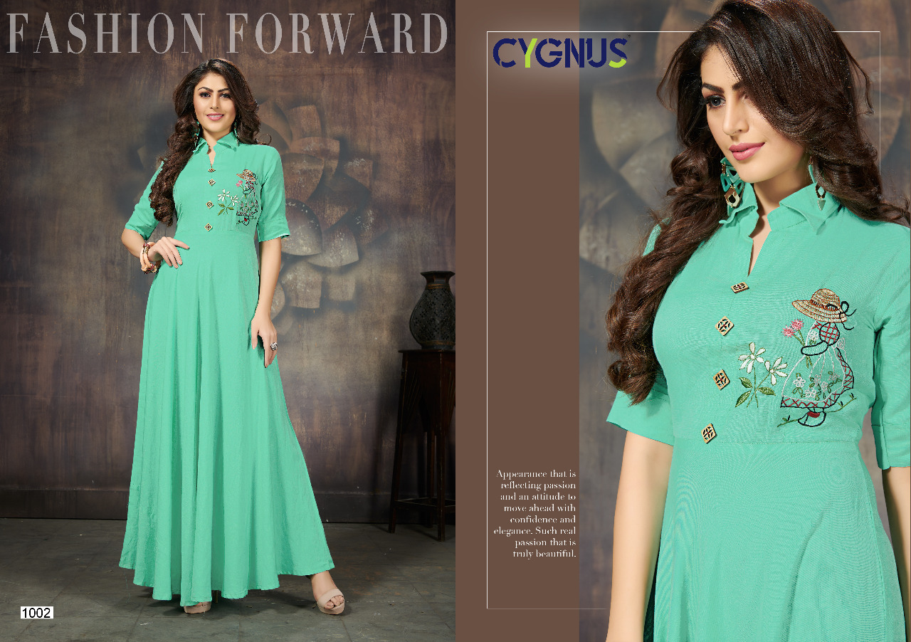 Ellora By Cygnus 1001 To 1009 Series Beautiful Colorful Stylish Fancy Casual Wear & Ethnic Wear & Ready To Wear Heavy Rayon Flex Embroidered Kurtis At Wholesale Price