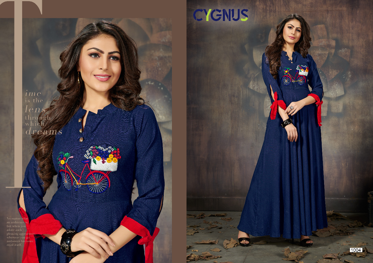 Ellora By Cygnus 1001 To 1009 Series Beautiful Colorful Stylish Fancy Casual Wear & Ethnic Wear & Ready To Wear Heavy Rayon Flex Embroidered Kurtis At Wholesale Price