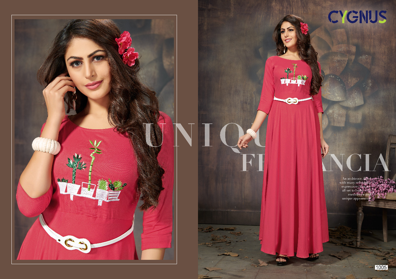 Ellora By Cygnus 1001 To 1009 Series Beautiful Colorful Stylish Fancy Casual Wear & Ethnic Wear & Ready To Wear Heavy Rayon Flex Embroidered Kurtis At Wholesale Price