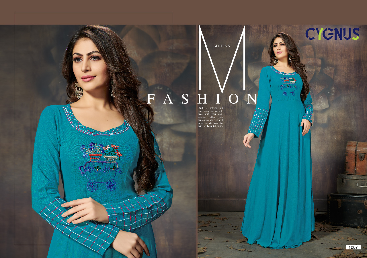 Ellora By Cygnus 1001 To 1009 Series Beautiful Colorful Stylish Fancy Casual Wear & Ethnic Wear & Ready To Wear Heavy Rayon Flex Embroidered Kurtis At Wholesale Price