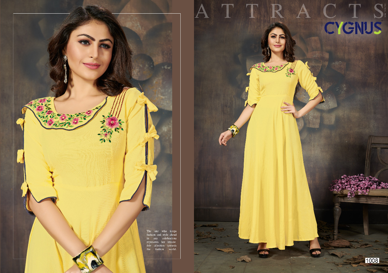 Ellora By Cygnus 1001 To 1009 Series Beautiful Colorful Stylish Fancy Casual Wear & Ethnic Wear & Ready To Wear Heavy Rayon Flex Embroidered Kurtis At Wholesale Price