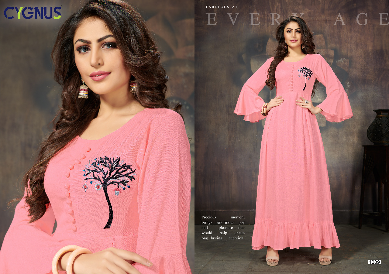 Ellora By Cygnus 1001 To 1009 Series Beautiful Colorful Stylish Fancy Casual Wear & Ethnic Wear & Ready To Wear Heavy Rayon Flex Embroidered Kurtis At Wholesale Price