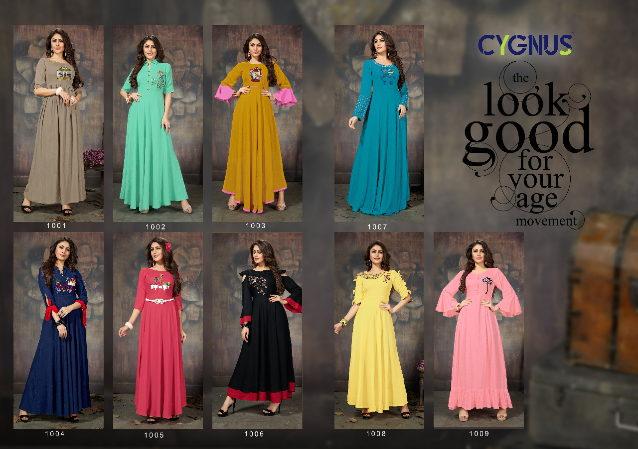 Ellora By Cygnus 1001 To 1009 Series Beautiful Colorful Stylish Fancy Casual Wear & Ethnic Wear & Ready To Wear Heavy Rayon Flex Embroidered Kurtis At Wholesale Price