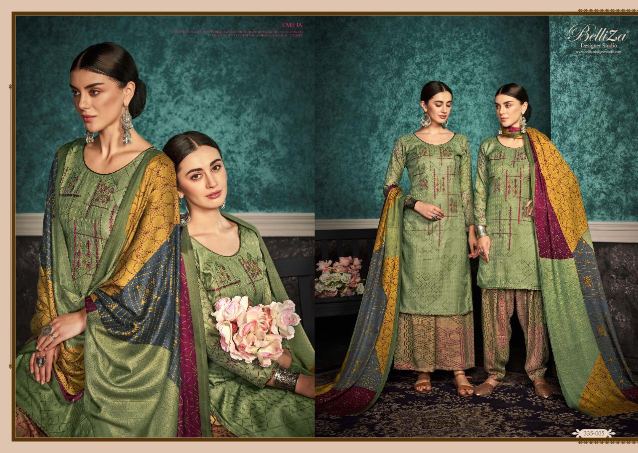 Emilia By Belliza Designer 335-001 To 335-010 Series Patiyala Suits Collection Beautiful Stylish Fancy Colorful Party Wear & Ethnic Wear Pure Pashmina Printed With Heavy Embroidery Dresses At Wholesale Price