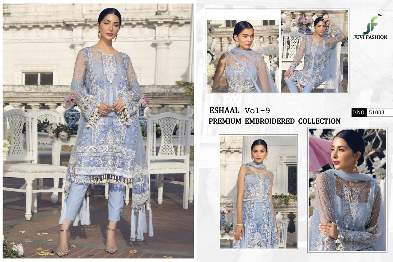 Eshaal Vol-9 By Juvi Fashion 51001 To 51006 Series Pakistani Suits Beautiful Stylish Fancy Colorful Festive Collection Party Wear & Occasional Wear Soft Net Embroidered Dresses At Wholesale Price