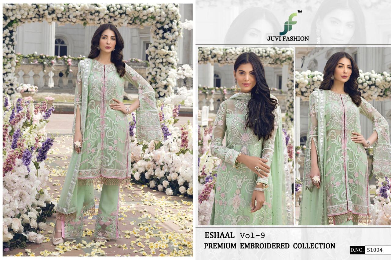 Eshaal Vol-9 By Juvi Fashion 51001 To 51006 Series Pakistani Suits Beautiful Stylish Fancy Colorful Festive Collection Party Wear & Occasional Wear Soft Net Embroidered Dresses At Wholesale Price