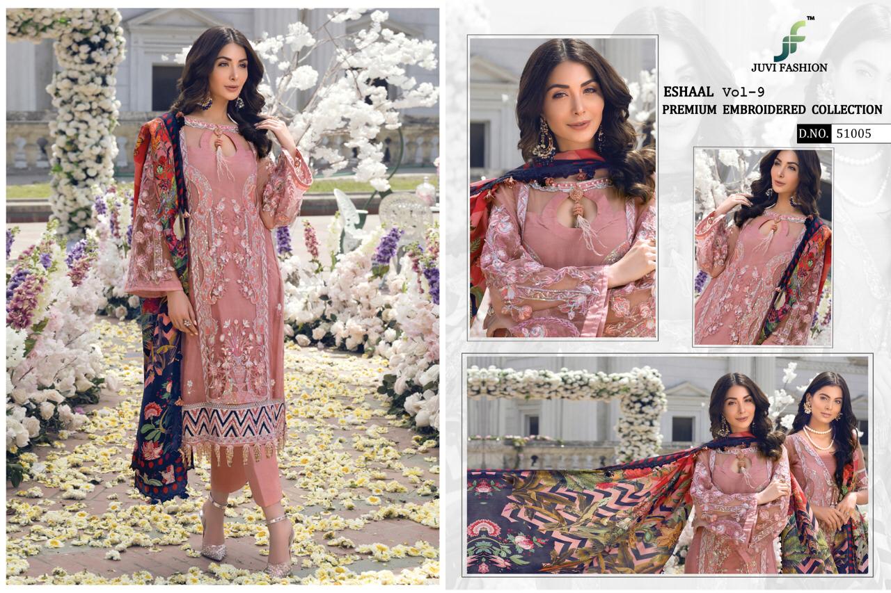 Eshaal Vol-9 By Juvi Fashion 51001 To 51006 Series Pakistani Suits Beautiful Stylish Fancy Colorful Festive Collection Party Wear & Occasional Wear Soft Net Embroidered Dresses At Wholesale Price