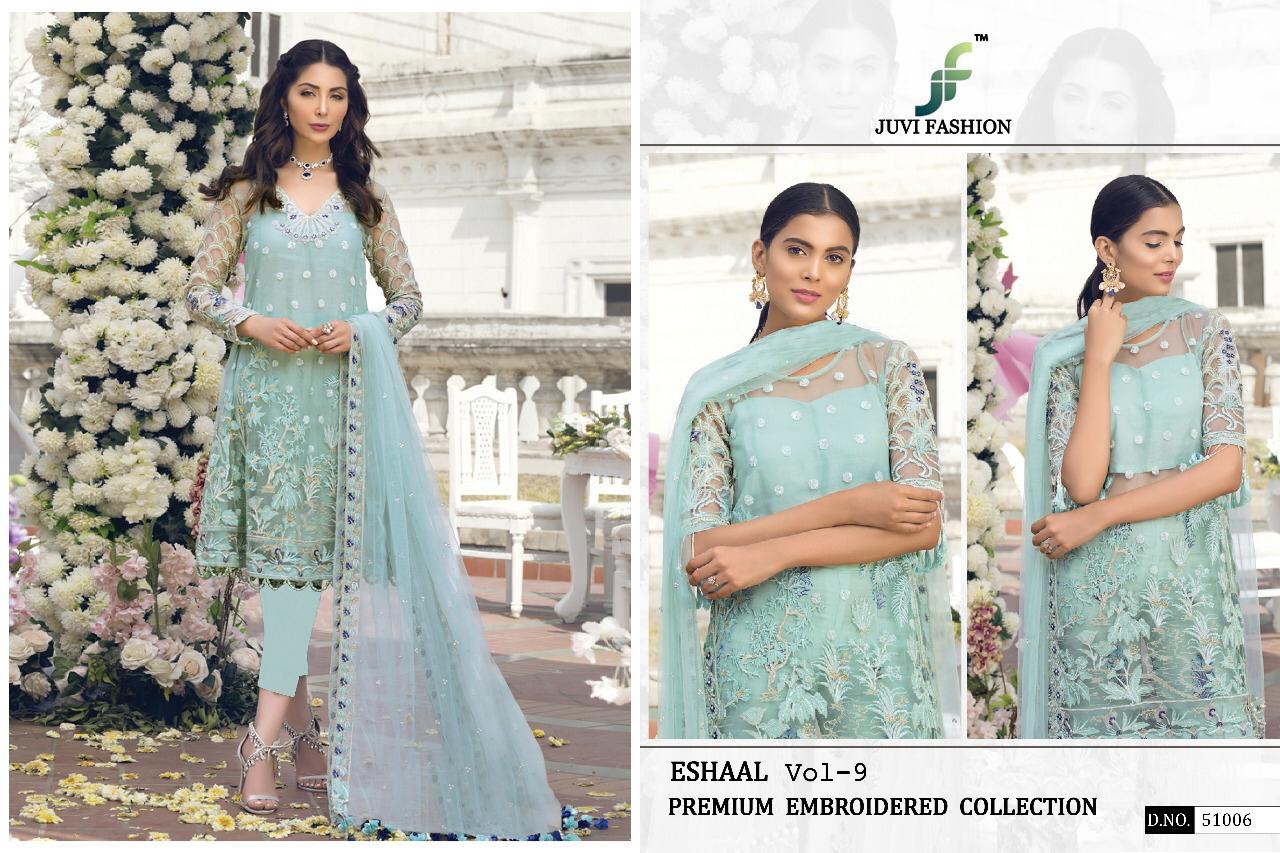 Eshaal Vol-9 By Juvi Fashion 51001 To 51006 Series Pakistani Suits Beautiful Stylish Fancy Colorful Festive Collection Party Wear & Occasional Wear Soft Net Embroidered Dresses At Wholesale Price