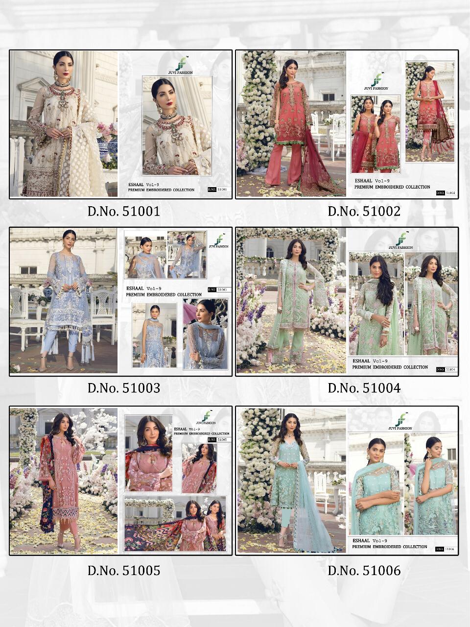 Eshaal Vol-9 By Juvi Fashion 51001 To 51006 Series Pakistani Suits Beautiful Stylish Fancy Colorful Festive Collection Party Wear & Occasional Wear Soft Net Embroidered Dresses At Wholesale Price