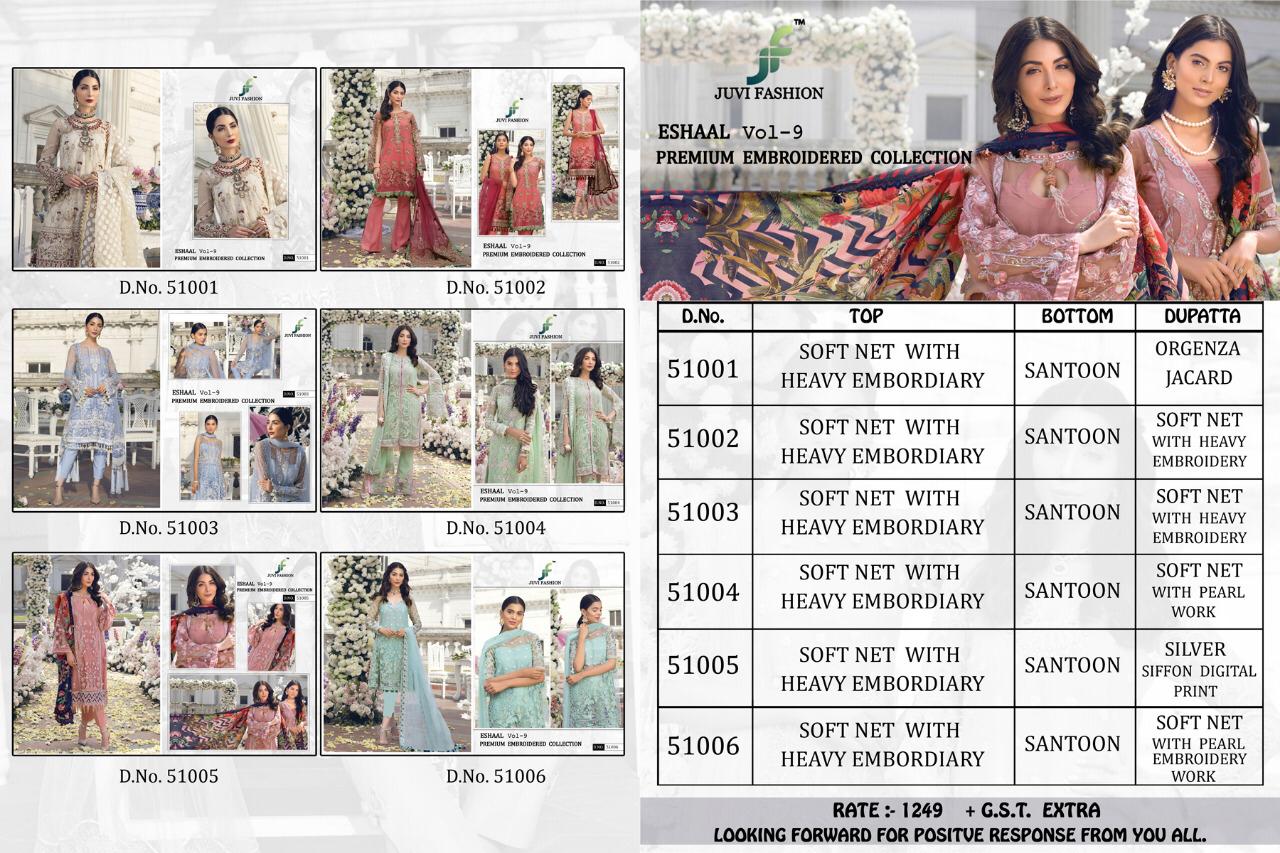 Eshaal Vol-9 By Juvi Fashion 51001 To 51006 Series Pakistani Suits Beautiful Stylish Fancy Colorful Festive Collection Party Wear & Occasional Wear Soft Net Embroidered Dresses At Wholesale Price